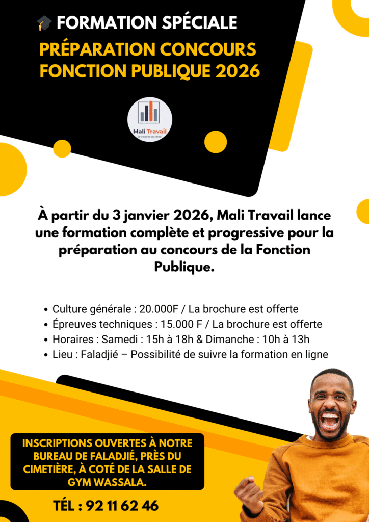 À partir du 3 janvier 2026, Mali Travail lance une formation complète et progressive pour la préparation au concours de la Fonction Publique 2026.