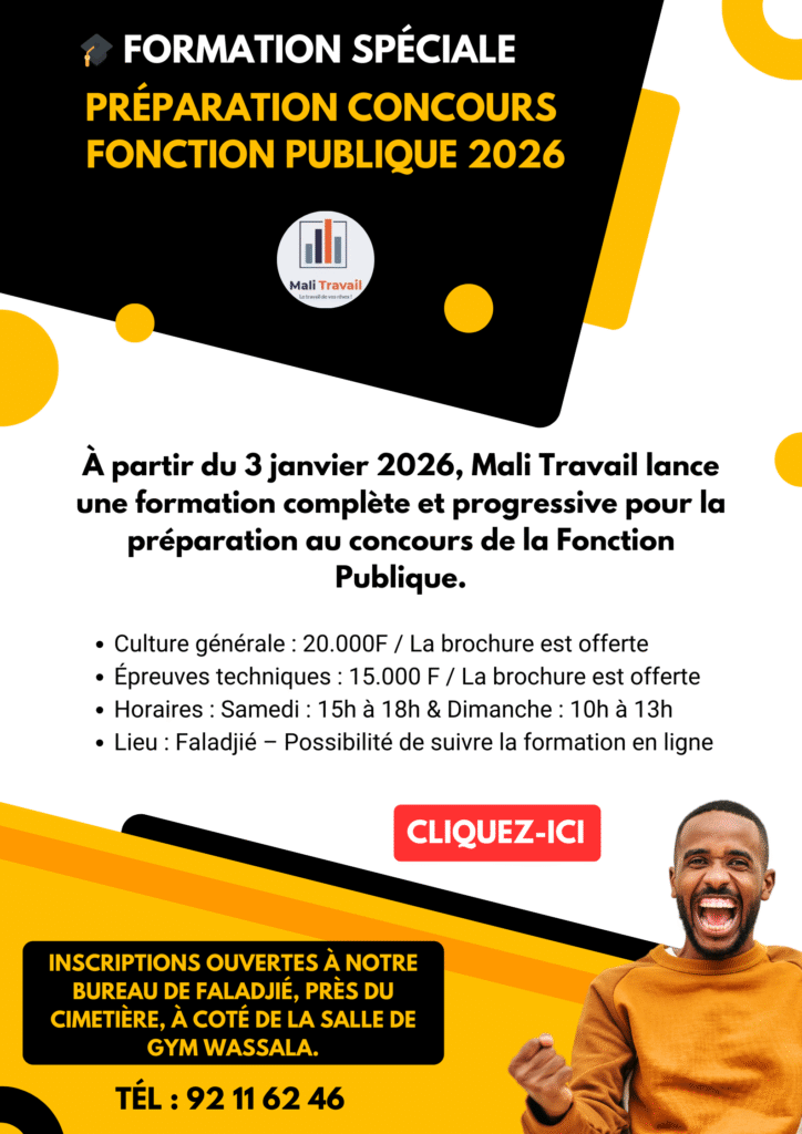 À partir du 3 janvier 2026, Mali Travail lance une formation complète et progressive pour la préparation au concours de la Fonction Publique 2026.