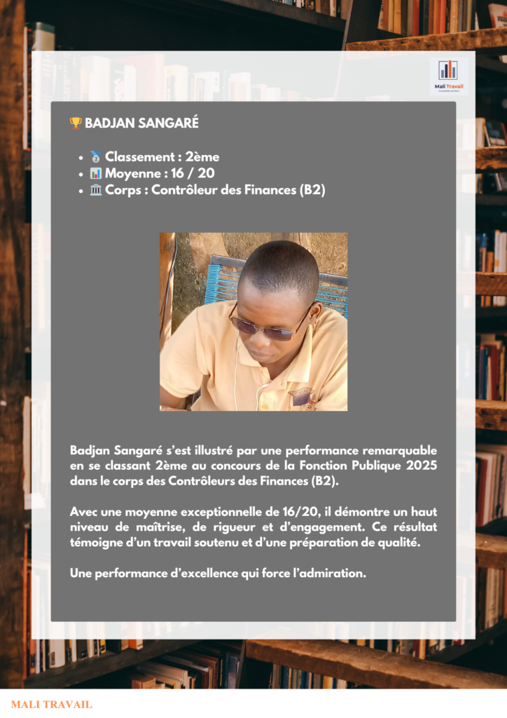 🏆 BADJAN SANGARÉ 🥈 Classement : 2ème 📊 Moyenne : 16 / 20 🏛️ Corps : Contrôleur des Finances (B2) Badjan Sangaré s’est illustré par une performance remarquable en se classant 2ème au concours de la Fonction Publique 2025 dans le corps des Contrôleurs des Finances (B2). Avec une moyenne exceptionnelle de 16/20, il démontre un haut niveau de maîtrise, de rigueur et d’engagement. Ce résultat témoigne d’un travail soutenu et d’une préparation de qualité. Une performance d’excellence qui force l’admiration.